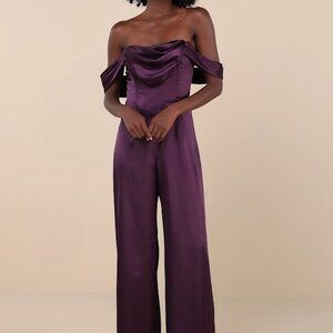 Lulus Unbelievable Aura Dark Purple Satin Off-the-shoulder Jumpsuit - Size M